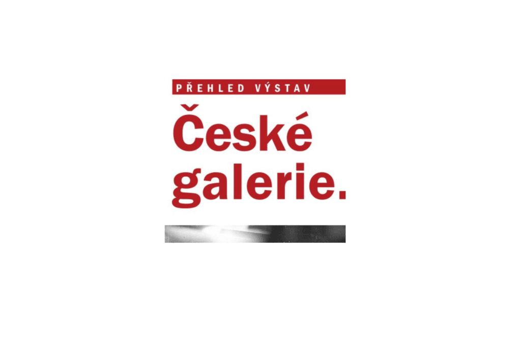 Logo České galerie. Nahoře je červený pruh, ve kterém je napsáno bíle přehled výstav, pod ním velkým červeným písmem České galerie. Pod ním je šedivo- bílý pruh.