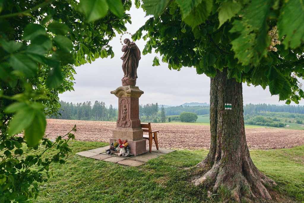 Zrestaurovaná socha Panny Marie Immaculaty v krajině.