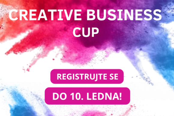 Na bílém pozadí se nachází rozstříknutá červeno modrá barva a na tom je nápis Creative Business Cup a datum registrace.