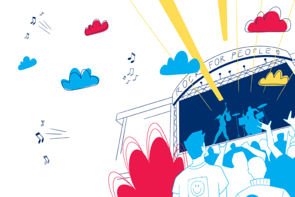 Poslouchající lidé na koncerte kapely na stage na festivalu. Ilustrace, která hýří barvami.