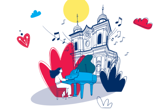 Žena hrající na piano před broumovským kostelem.