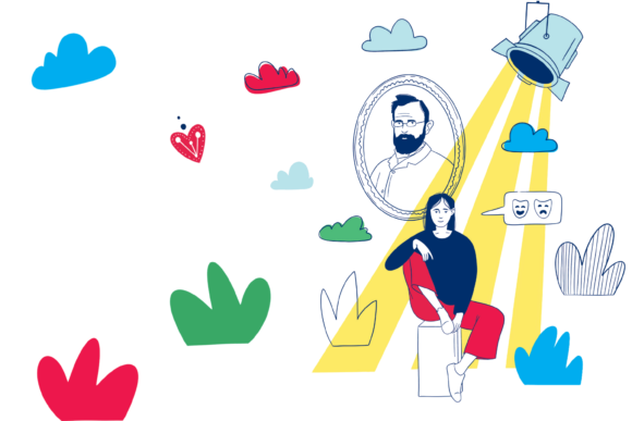 Ilustrace ženy sedící na stoličce.