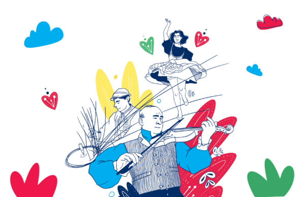 Ilustrace hudebníků a tanečníků.