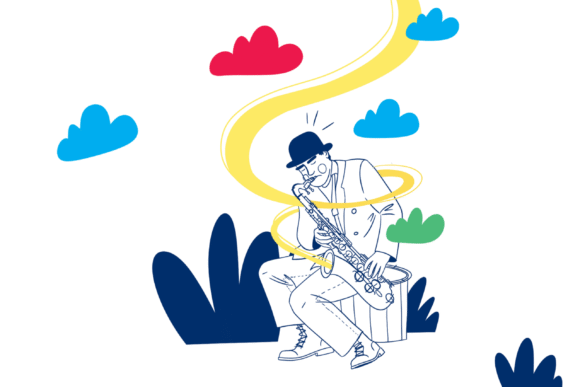 Ilustrace muže hrajícího na saxofon.