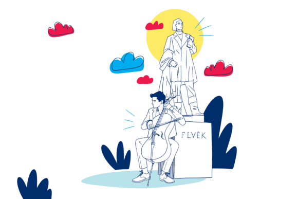 Ilustrace muže hrajícího na violoncello před sochou F.L. Věka