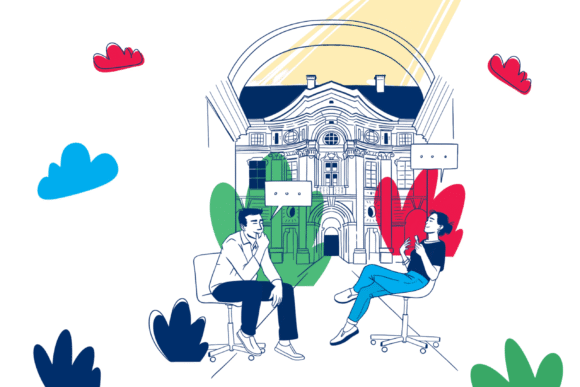 Ilustrace dvou diskutujících lidí před broumovským klášterem