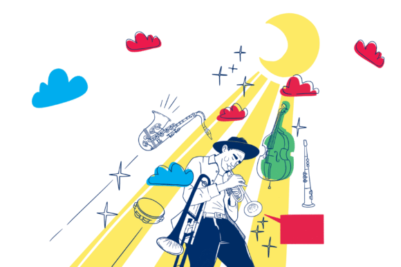 Ilustrace muže hrajícího na trubku.