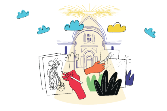 Barevná ilustrace broumovského kláštera s prvky k ilustraci - kreslící ruka na papír, ruka stříhající nůžkami, apod.